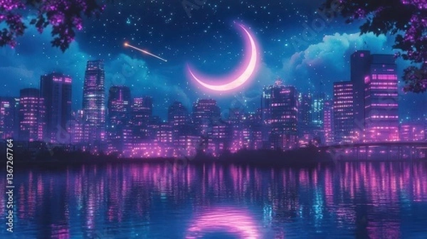 Obraz Vibrant City Skyline Under Starry Night Sky with Crescent Moon and Reflections on Water