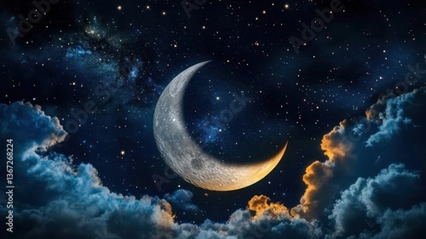 Fototapeta Stunning Crescent Moon Illuminated in a Starry Night Sky Surrounded by Wispy Clouds