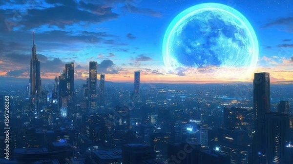 Fototapeta Stunning Urban Skyline with a Large Fantasy Moon at Dusk Over an Illuminated Cityscape