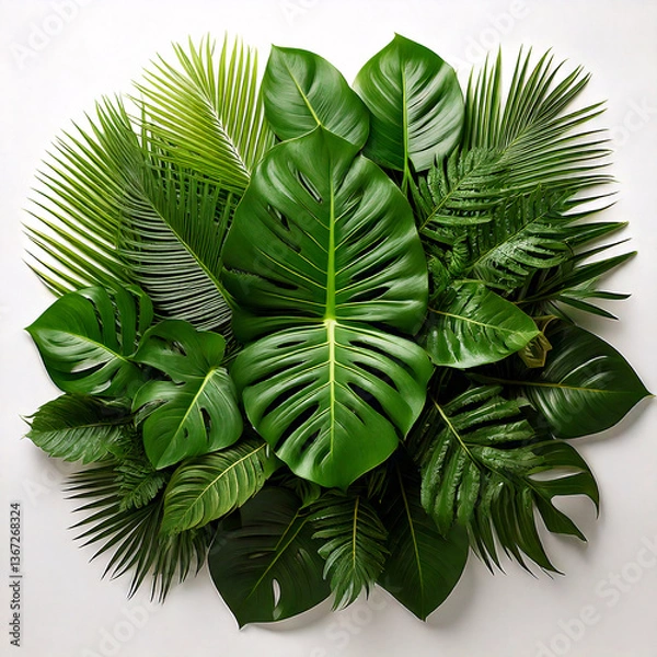 Obraz Fresh green leaves with palm tree details on a white background