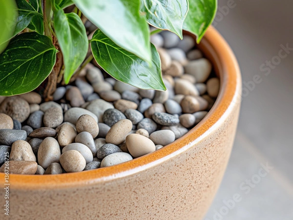 Fototapeta Green plant in light pot with pebbles in spring