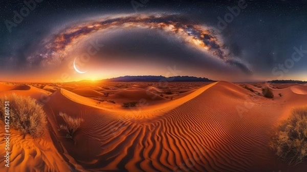 Fototapeta Stunning Desert Landscape Under a Starry Sky with a View of the Milky Way and Cresent Moon at Sunset