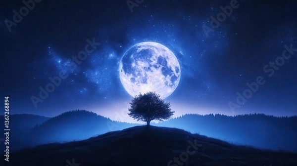 Fototapeta Stunning Night Landscape with a Silhouette of a Tree Under a Bright Full Moon and Stars