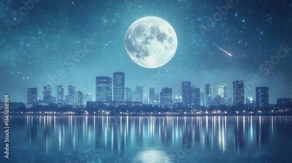 Fototapeta Stunning City Skyline Under A Bright Full Moon With Stars and Reflection on Water at Night