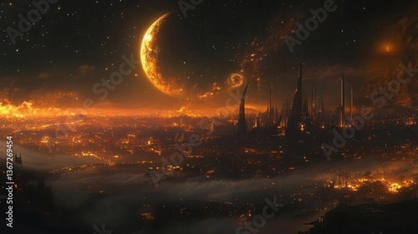 Fototapeta Stunning Fantasy Cityscape Under a Night Sky with Orange Moon and Stars Illuminating the Horizon