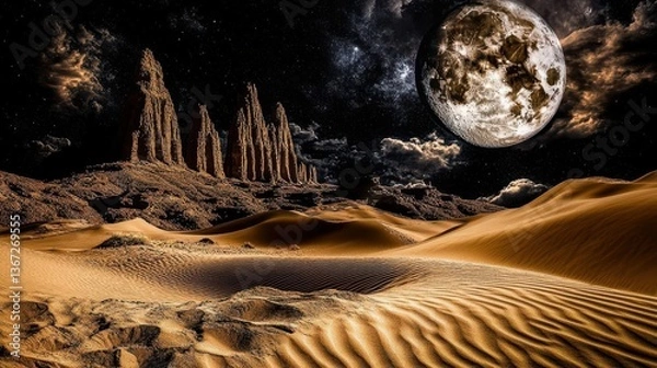Fototapeta Stunning Desert Landscape Under a Full Moon with Glittering Stars and Rolling Sand Dunes