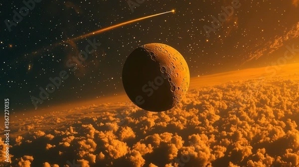 Fototapeta Surreal Scene of a Planet Surrounded by Colorful Clouds and Stars in an Orange Cosmic Atmosphere