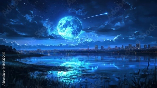 Fototapeta Stunning Night Sky Over a Tranquil Lake with Moonlight Reflection and Starry Atmosphere