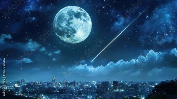 Fototapeta Stunning Nighttime Cityscape Under A Full Moon with Bright Stars and a Shooting Star in the Sky