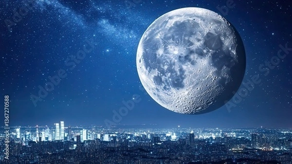 Fototapeta Stunning Night Sky with Full Moon and Stars Over Illuminated Cityscape Below
