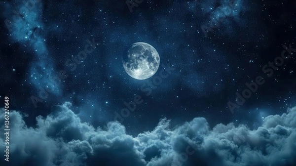 Fototapeta Stunning Moon Illuminating a Starry Night Sky with Clouds in a Tranquil Atmosphere