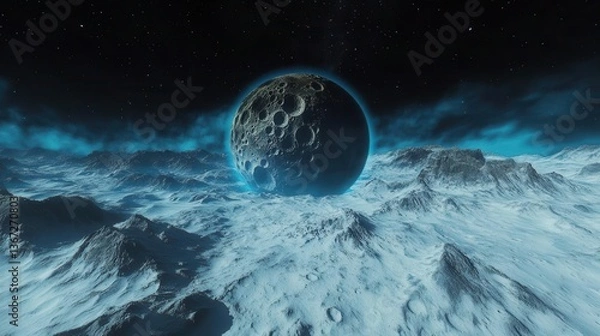 Fototapeta Surreal Planet Rising Above Ice-Covered Mountains Under a Starry Night Sky in Deep Space