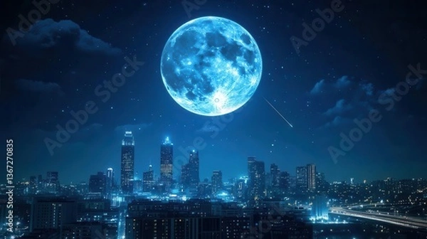 Fototapeta Stunning Nighttime Cityscape Under a Bright Full Moon Illuminated by Stars and Clouds
