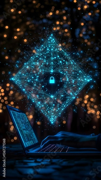 Fototapeta Digital Security Illustration Featuring Hand Typing on Laptop with Glowing Geometric Blue Data and Lock