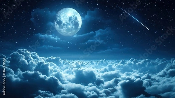 Fototapeta Stunning Night Sky with Bright Full Moon and Shooting Star Over Serene Cloudscape