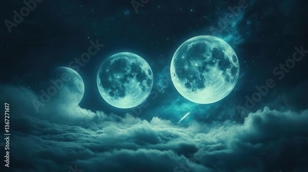 Fototapeta Three Glowing Moons Above Whispering Clouds in a Starry Night Sky