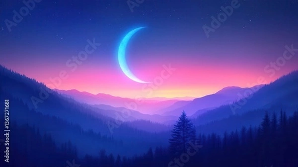Fototapeta Tranquil Night Landscape with Crescent Moon and Vibrant Twilight Over Mountains