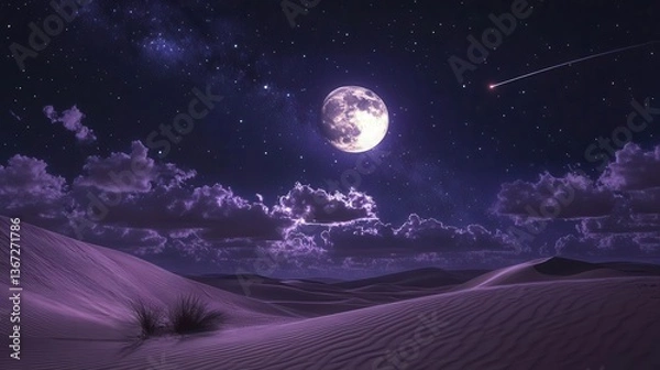 Fototapeta Stunning Night Sky Over Desert Dunes with Full Moon and Starry Background in Serene Atmosphere