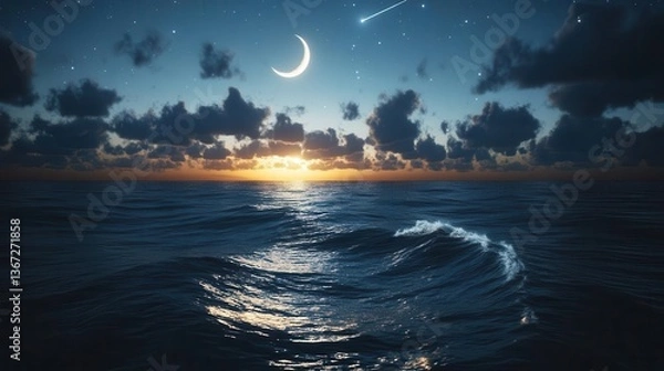 Fototapeta Stunning Sunset Over Ocean Waves With Moonlit Sky And Clouds Reflecting On Water Surface