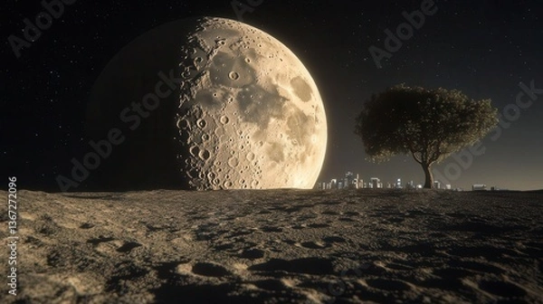 Fototapeta Stunning Surreal Landscape Featuring A Tree Under A Fragmenting Moon In A Starry Night Sky