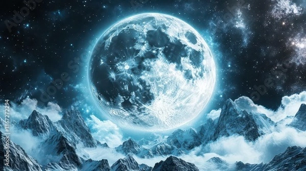 Fototapeta Stunning Night View of a Large Full Moon Over Majestic Mountains and Cloudy Sky