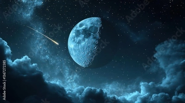 Fototapeta Stunning Night Sky with Half Moon and Sparkling Stars Above Fluffy Clouds Underneath