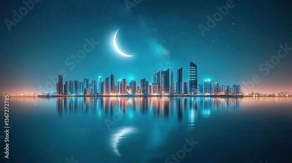 Obraz Stunning Nighttime City Skyline with Moon and Stars Reflecting on Calm Waters