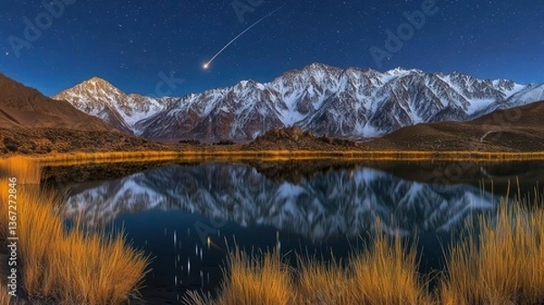 Fototapeta Stunning Night View of Snow-Capped Mountains and Comet Over Peaceful Lake Reflection