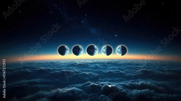 Fototapeta Surreal Celestial Phenomenon Along Horizon Above Ocean with Gradual Moon Phases at Night