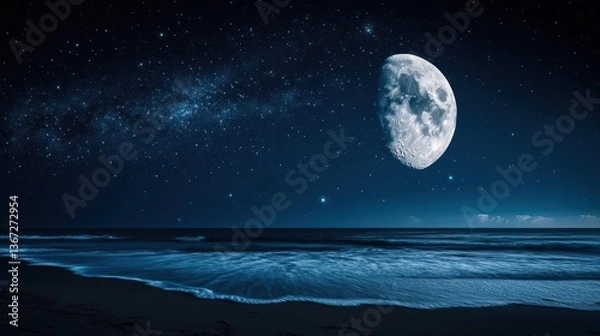 Fototapeta Stunning Night Sky with Full Moon Over Calm Ocean Waves and Starry Background