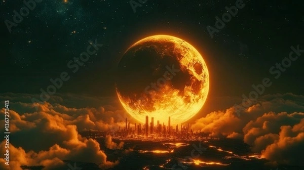 Fototapeta Vibrant Orange Moon Rising Above Luminous City Skyline Amidst Soft Clouds at Night