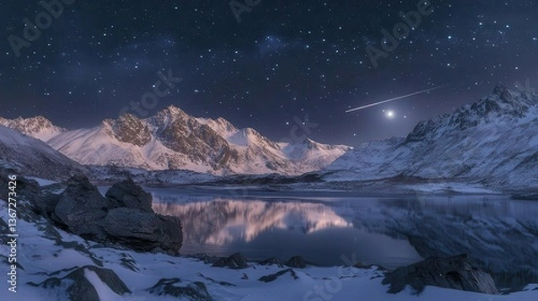 Fototapeta Stunning Night View of Snow-Capped Mountains Under Starry Sky Reflected in Tranquil Lake