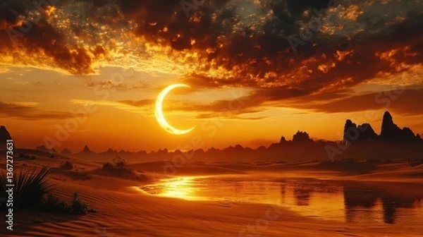Fototapeta Tranquil Sunset with a Crescent Moon over a Serene Landscape and Reflective Water