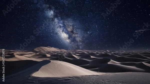 Fototapeta Vast Desert Landscape Under Starry Night Sky with Milky Way and Distant Sand Dunes