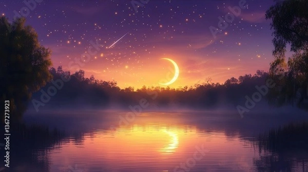 Fototapeta Stunning Twilight Sunset Over a Calm River with Crescent Moon and Twinkling Stars