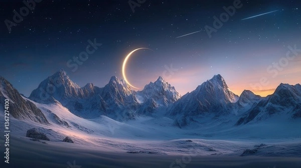 Fototapeta Vast Snowy Mountain Landscape Under a Crescent Moon and Starry Sky at Dusk