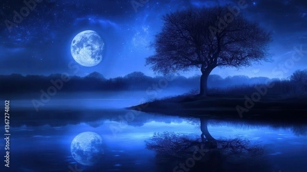 Fototapeta Tranquil Night Landscape with Silhouette of Tree and Full Moon Reflecting on Calm Water