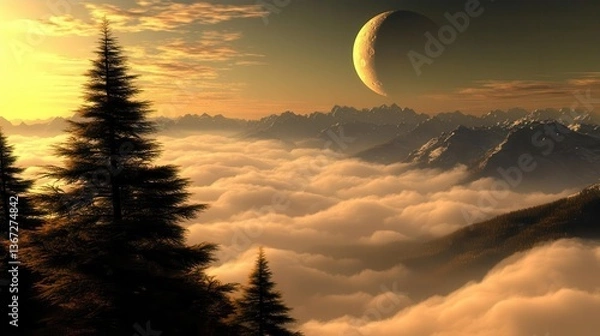 Fototapeta Surreal Landscape at Sunset with Mountains and Clouds Under a Celestial Moon
