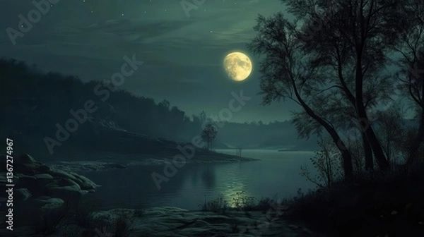 Fototapeta Tranquil Moonlit Landscape Reflecting Over Calm Water Surrounded by Silhouetted Trees at Night