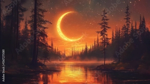 Fototapeta Tranquil River Under A Crescent Moon At Sunset Surrounded By Tall Forest Trees In A Beautiful Scene