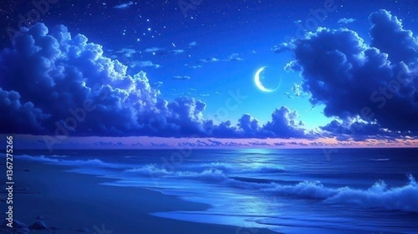 Fototapeta Tranquil Ocean View Under A Starry Night Sky With Moonlight Reflection On The Water