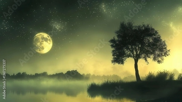 Fototapeta Tranquil Night Landscape with Full Moon and Stars Over Misty Water and Silhouette of a Tree