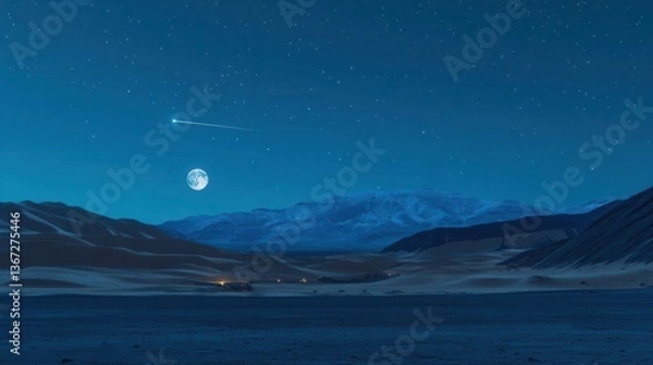 Fototapeta Vast Night Landscape with Majestic Mountains and a Bright Moon Illuminating the Sky