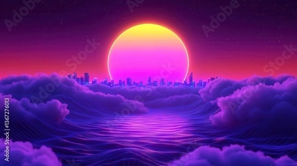 Fototapeta Vibrant Sunset Over Ocean Waves with City Silhouette and Colorful Cloudscape in Night Sky