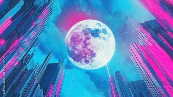 Fototapeta Vibrant, Surreal Night Sky with Full Moon Surrounded by Abstract Cityscape in Neon Colors
