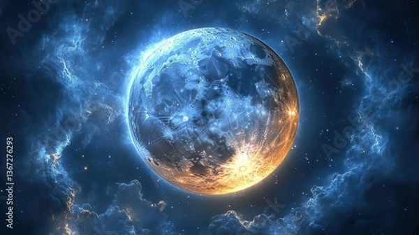 Fototapeta Vivid Celestial Moon Illuminated Against a Mystical Blue Cosmic Background in the Night Sky