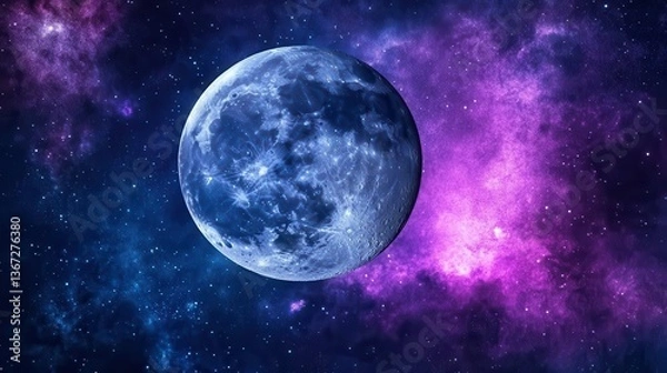 Fototapeta Vivid Cosmic Landscape Featuring a Full Moon Surrounded by Colorful Nebula and Stars