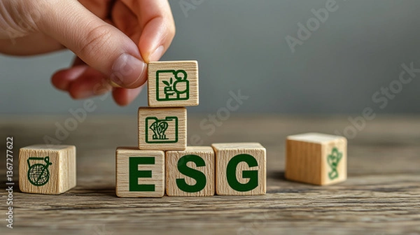 Fototapeta Environmental, Social, and Governance (ESG) Concept, ESG Environmental Social Governance Wooden Blocks Concept Image