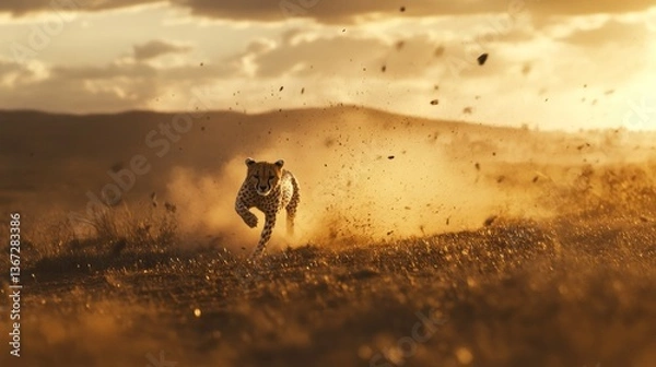 Fototapeta Cheetah's breathtaking sprint across golden savanna, propelled by immense power and speed