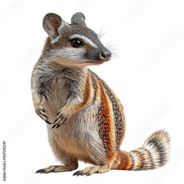Fototapeta A Spotted Numbat Standing Upright With Its Striped Tail Isolated on Transparent Background